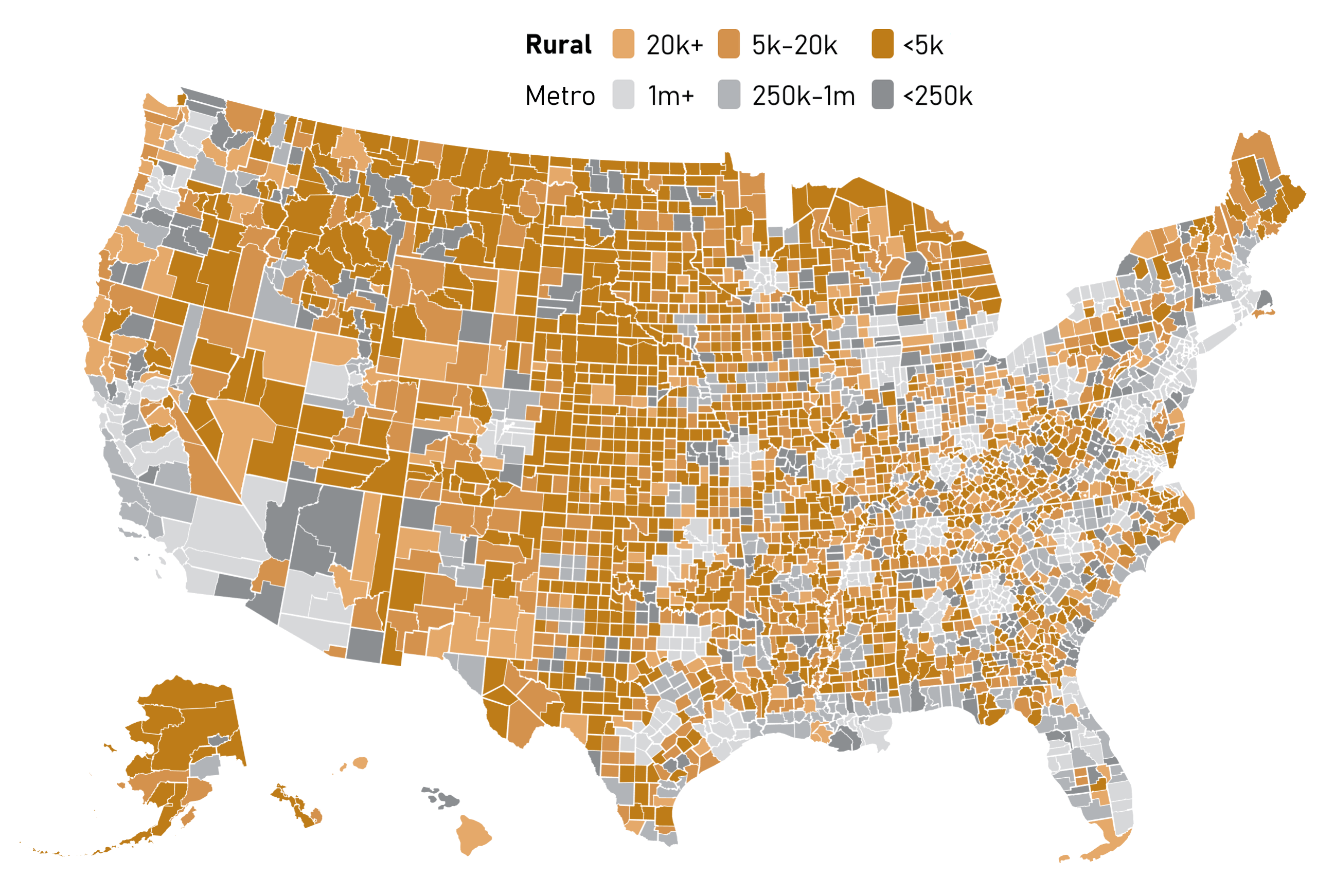 Map of the United States showing all counties, with rural counties colored by population density, and metro counties colored by population density